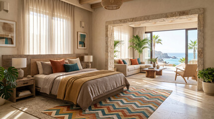 Fototapeta premium Luxury bedroom with ocean view and coastal interior design