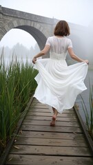 Fototapeta premium Woman in Flowing Dress Walking Barefoot on Wooden Pier