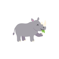 Naklejka premium Cute Rhino Eating Grass Vector Illustration, Adorable Baby Rhinoceros Chewing Leaf Cartoon Character for Kids Sticker