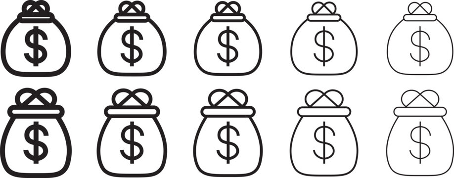 Money bag outline and bold icon set in silhouette style for finance, banking, UI and design use, perfectly tailored for digital transaction layouts and modern commercial projects, containing clean fla