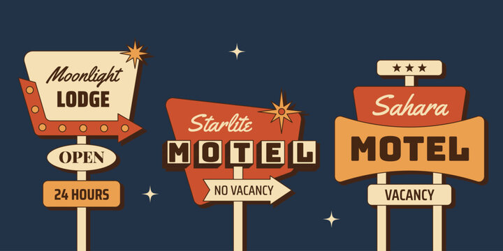 Retro motel signs collection with Moonlight Lodge, Starlite Motel, Sahara Motel and vacancy signboards. Vector illustration in mid century 1950s style