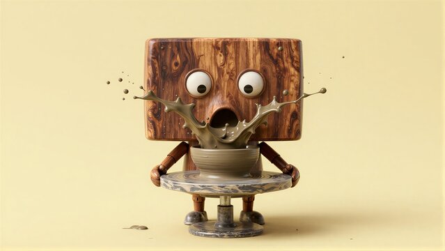 Wooden robot surprised as chocolate splashes from a pottery wheel.