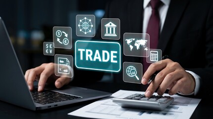 Fototapeta premium trade, finance, business, global, economy, stock market, investment concepts showing businessman working with laptop and calculator with digital interface for international commerce.
