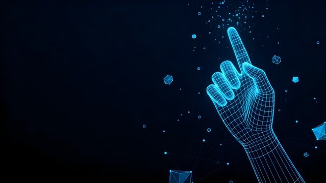Wireframe hand interacting with digital elements