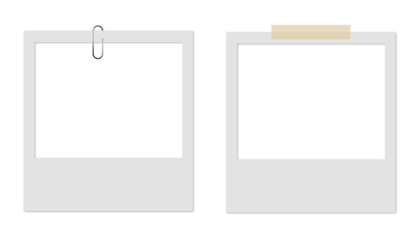 Two Blank Polaroid Frames with Paper Clip and Tape Isolated on Transparent Background