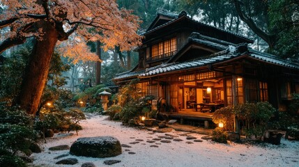 Fototapeta premium Japanese traditional house lit warmly with garden pathway and snow-covered foliage