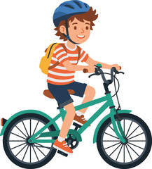 Fototapeta premium Happy young boy wearing a protective helmet and backpack riding a green bicycle outdoors for school or recreational activity