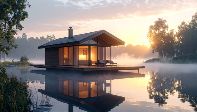 Modern Floating Cabin on Misty Lake During Golden Hour Sunrise