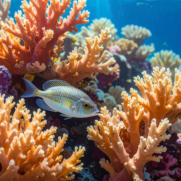 Tropical fish swimming among bright coral reefs in clear blue sea