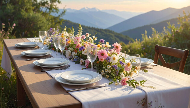 Elegant Mountain Dinner Table with Wildflower Centerpiece