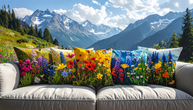 Outdoor Sofa with Floral Cushions Facing Alpine Mountain Range
