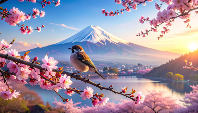 Small Bird on Cherry Blossom Branch with Mount Fuji Background