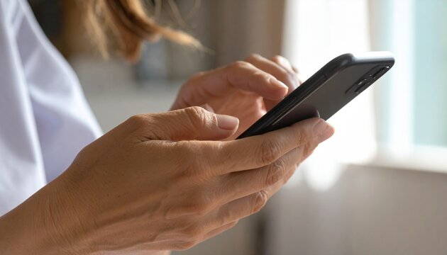 Close-up of a woman's hands typing and scrolling on a smartphone screen indoors