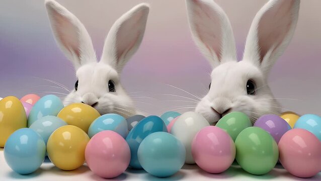 Festive Rabbit Ears are Playfully Positioned Behind a Vibrant Assortment of Decorated Eggs on a Softly Colored Background for Seasonal Celebration