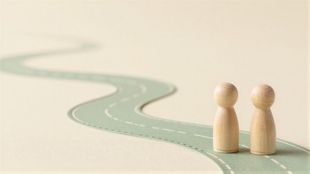 Two wooden figures stand on a winding road, symbolizing shared journey ahead.