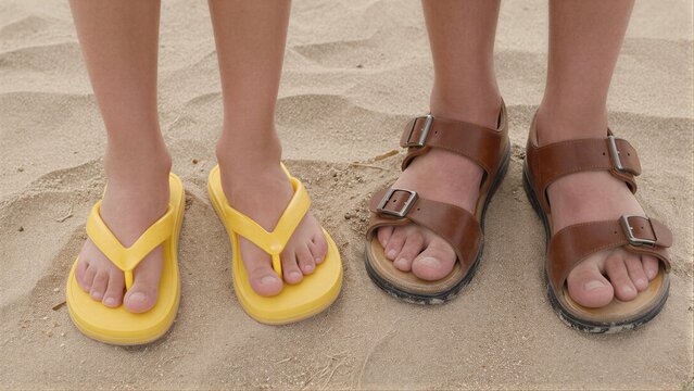 Three pairs of sandals on sandy beach, yellow flip-flops and brown straps.