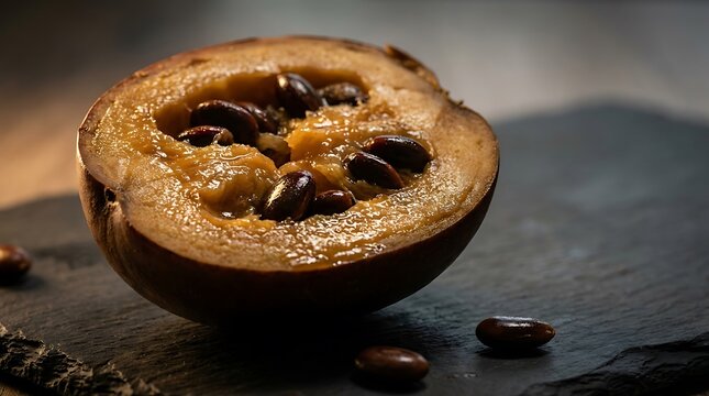 A close-up view of a sliced borojo fruit displaying its golden pulp and dark seeds resting on a textured black slate surface, highlighting unique tropical produce.