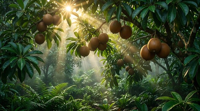 Sunlight filtering through the lush canopy of a tropical forest illuminates clusters of ripe borojo fruit hanging from branches in a vibrant ecosystem
