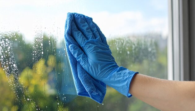 Hand in blue glove wiping a window with a cloth, showing water droplets and a blurred green background of trees outside