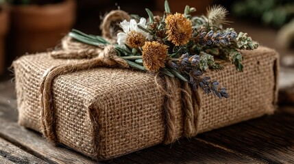 Obraz premium A rustic gift wrapped in burlap, adorned with dried flowers and twine, resting on wood