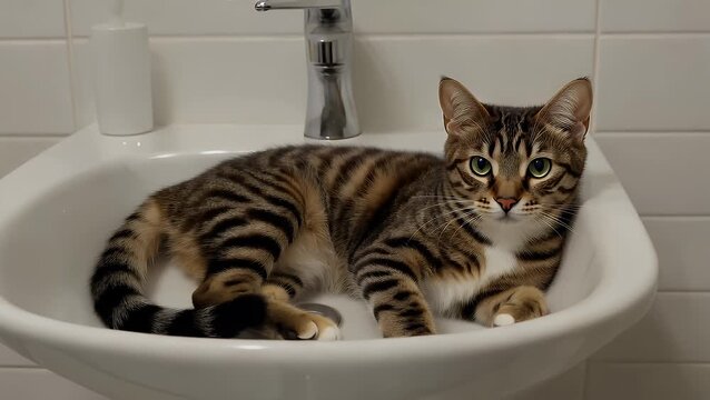 A Domestic Tabby Cat Relaxing Comfortably Inside a White Porcelain Bathroom Sink