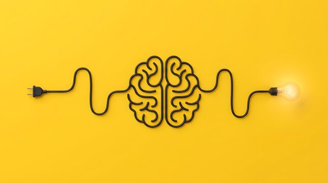 Black power wire shaped as a brain connecting a wall plug to an active lightbulb on yellow background. Concept of logical thinking, artificial intelligence, and technological startup development.