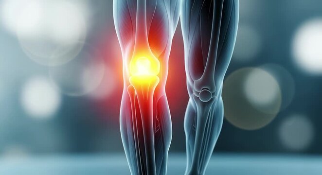 Anatomical illustration of a human knee joint experiencing intense pain and inflammation, highlighted in red and yellow.