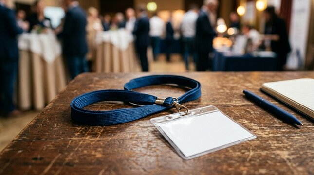 Conference badge and lanyard on desk for networking event registration