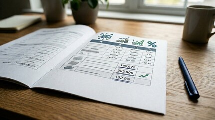 Naklejka premium Marketing ROI report on desk with pen for performance analysis concept
