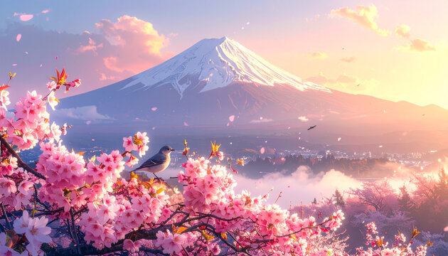 Mount Fuji Peak with Cherry Blossoms and Small Bird at Sunrise