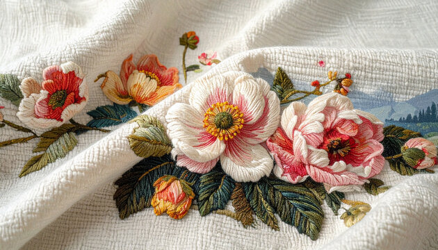 Elegant 3D Floral Hand Embroidery on White Textured Fabric