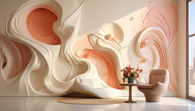 Abstract 3D Sculptural Wall Living Room with Peach and Cream Decor