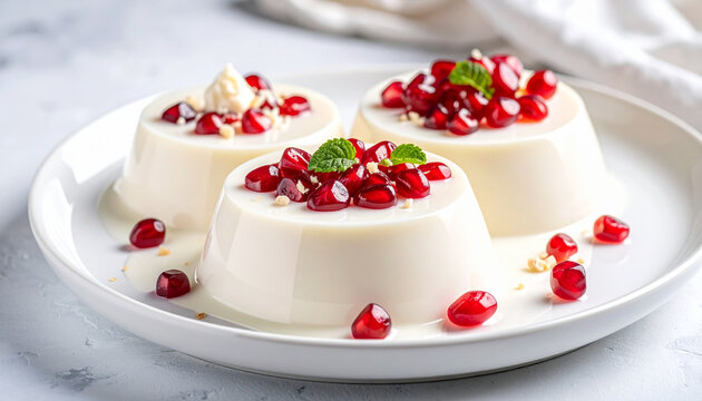 Creamy Gourmet Panna Cotta with Fresh Pomegranate and Mint