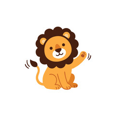 Fototapeta premium Cute Sitting Baby Lion Waving Hand Vector, Adorable Flat Cartoon Lion Cub Character with Mane for Nursery Decor
