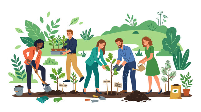 Diverse community volunteers collaboratively planting trees for a sustainable future, fostering environmental growth and shared responsibility in a vibrant natural setting