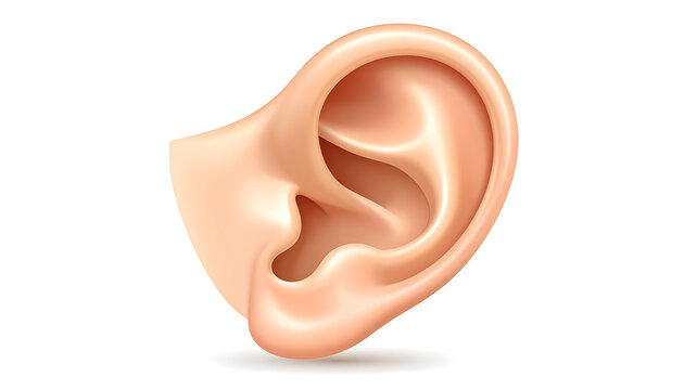 Realistic human ear illustration showing detailed anatomical structure of the outer ear and lobe.