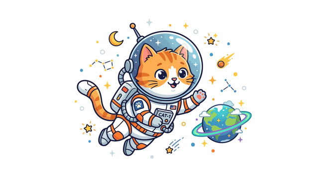 Cute cartoon cat astronaut floating in outer space near earth planet, planning future goals and exploring universe vector