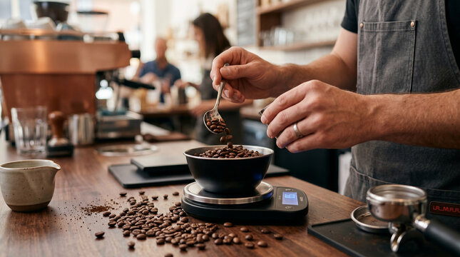 Barista preparing coffee with fresh beans on a scale.