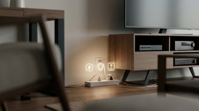 Medium shot of a surge protector radiating gentle light highlighting power protection symbols behind a modern entertainment center featuring simplified furniture shapes