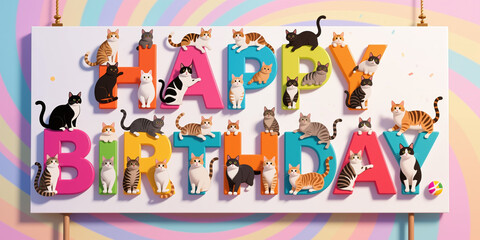 Fototapeta premium Vibrant illustration of cats on a Happy Birthday sign, set against a pastel rainbow background, blending playful and festive elements in a lively style.