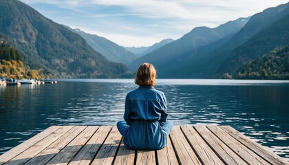Fototapeta premium Woman in meditation on a wooden pier by a calm lake with mountain serenity nature