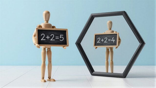 Wooden figure holds wrong math, mirror shows correct answerconcept of error and truth.