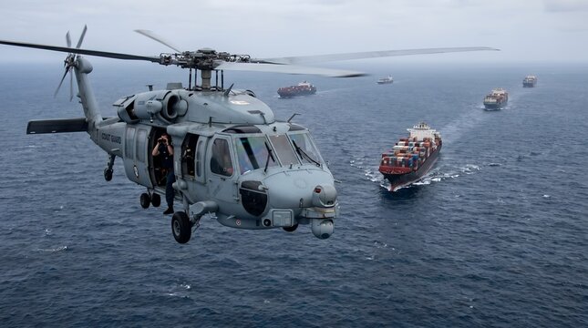 U.S. Coast Guard helicopter patrols above the ocean monitoring cargo ships in a convoy.