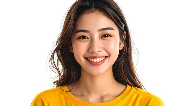 Portrait of a beautiful young Asian woman smiling brightly while wearing a vibrant yellow shirt.