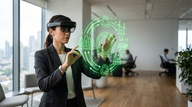 Concept ESG et RSE : Femme d'affaires en casque de r&eacute;alit&eacute; mixte interagissant avec un hologramme de jumeau num&eacute;rique sur l'&eacute;conomie circulaire et le d&eacute;veloppement durable