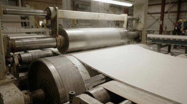 Footage of plain gypsum ceiling tile pressing process capturing smooth uniform texture formation for classic acoustic ceiling solutions.