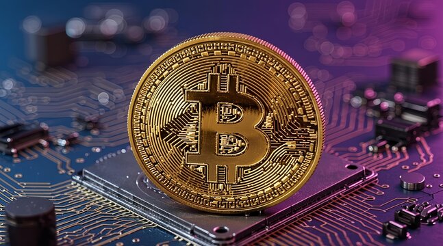 Gold Digital Currency Coin Resting on a High Tech Computer Circuit Board Processor
