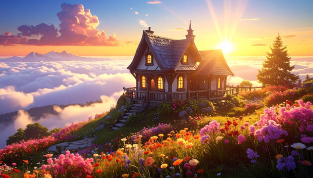 Cozy fantasy cottage on flower hill above clouds at sunrise