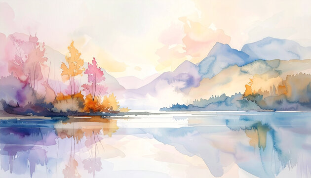 Serene Watercolor Mountain Lake Landscape in Pastel Tones