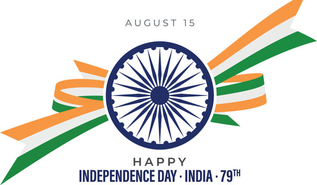 India 79th Independence Day Flat Vector Illustration with Ashoka Chakra Tricolor Diagonal Ribbon Flag August 15 Minimal Patriotic Poster Social Media Design